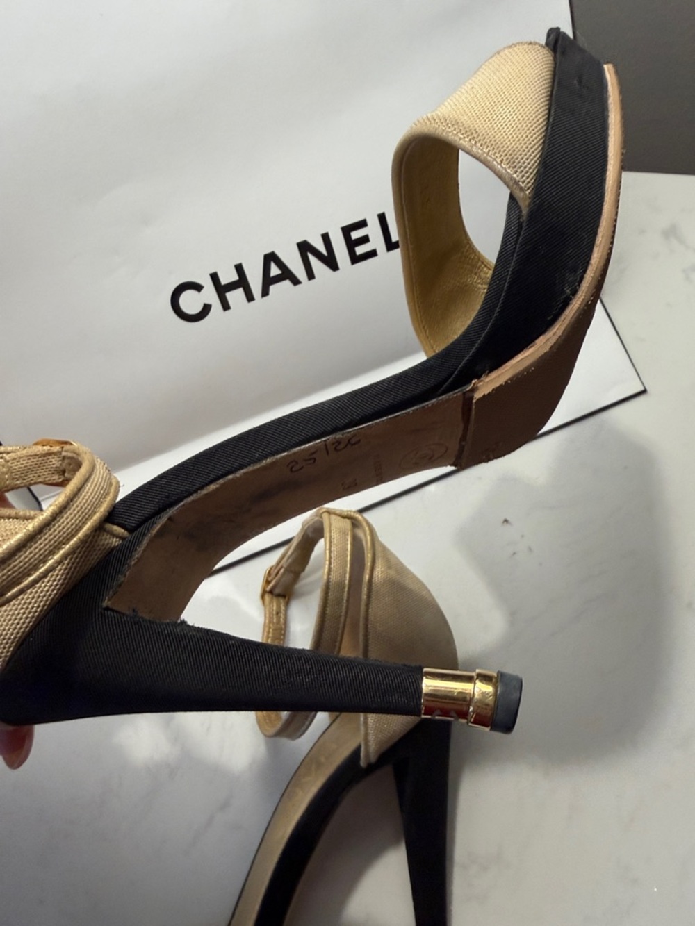 CHANEL Beige and Black SATIN Ankle-Strap Stilettos with Gold Accents from 2001 - Picture 2 of 6